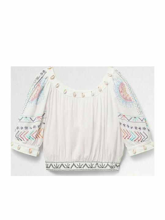 Γυναικείο Καλοκαιρινό Crop Top Λινό με Μανίκι 3/4 Λευκό
