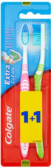 Colgate Extra Clean 1+1 Οδοντόβουρτσα Medium Ροζ - Πράσινο 2τμχ