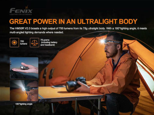 Fenix Επαναφορτιζόμενος Φακός Κεφαλής LED IP68 με Μέγιστη Φωτεινότητα 700lm HM50R V2