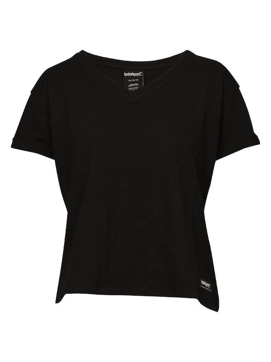 Body Action Summer Women's Cotton Blouse Short Sleeve with V Neckline Black