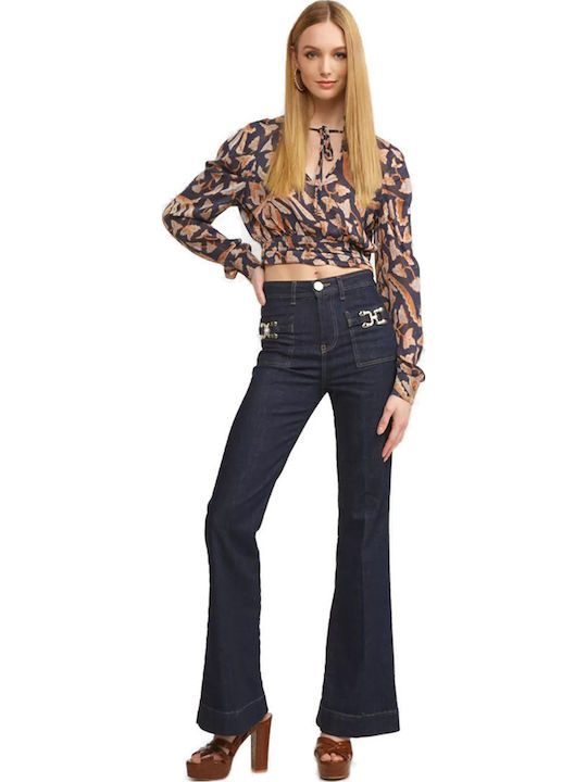 Women's Crop Top Long Sleeve with V Neckline Floral Navy Blue