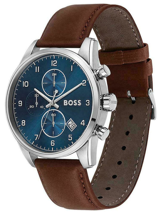 Boss Herrenuhr 43mm Chronograph Batterie mit Braun Lederarmband
