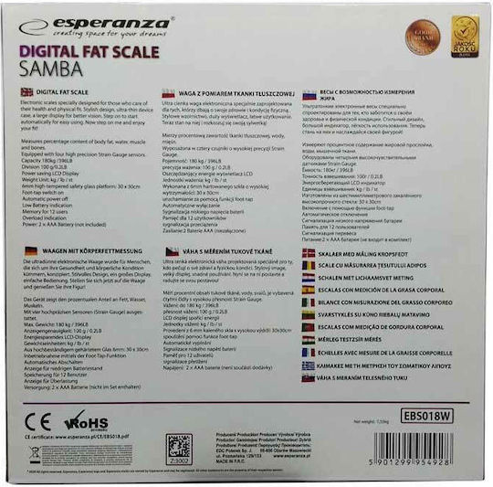Esperanza Digital Badezimmerwaage mit Körperfettmessung in Weiß Farbe EBS018W