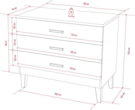 Lounge Βρεφική Συρταριέρα με 3 Συρτάρια Γκρι 100x55x86.5cm