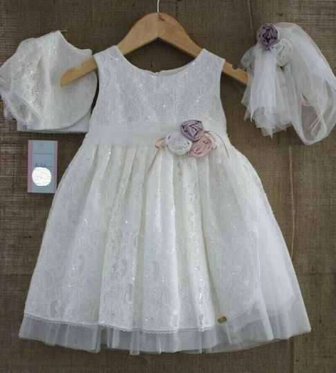 White Lace Baptism Outfit with Hair Accessories , Cardigan & Dress 3pcs