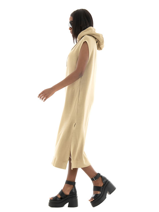 Ecoalf Sommer Midi Kleid mit Kapuze Beige