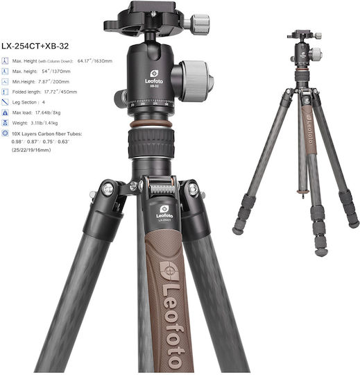 Leofoto Leofoto Urban LX-254CT LX-254CT Plus XB-32 Camera Tripod Made of Carbon Fiber with Spherical Head Up to 163cm