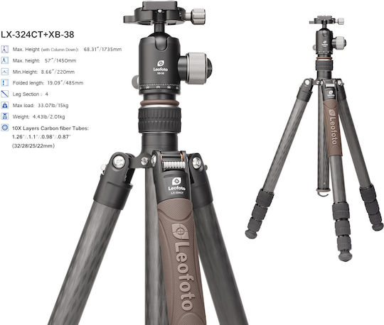 Leofoto Camera Tripod Urban LX-324CT Plus Ballhead XB-38 Made of Carbon Fiber with Spherical Head up to 171cm and Maximum Load 15kg