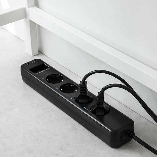 Navaris Захранваща лента Безопасност 4 Позиции с 2 USB-A, 1 USB-C, Дистанционно управление и Кабел 1.5м Черен