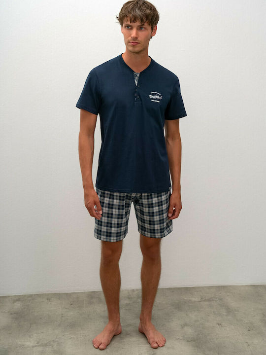 Vamp Men's Summer Cotton Pajamas Set Navy Blue