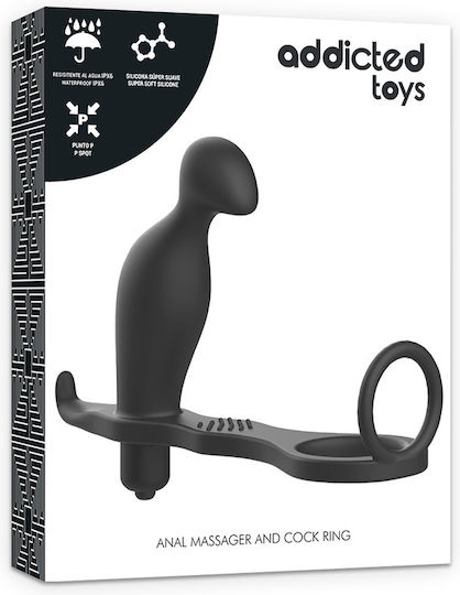 Addicted Toys Вибриращ Пръстен Петел Силикон с анална клипса Черен