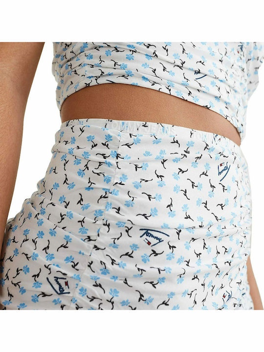 Denim High-waisted Mini Skirt Floral White