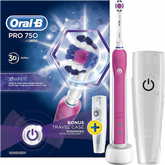 Oral-B Pro 750 3D White Ηλεκτρική Οδοντόβουρτσα με Χρονομετρητή και Θήκη Ταξιδίου Ροζ