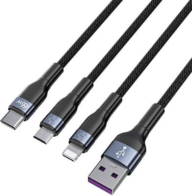 Joyroom S-1260G5 Плетена USB към Мълния / Type-C / микро USB Кабел Черно 1.2м