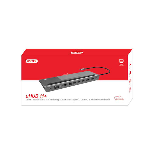 Unitek USB-C Docking Station με HDMI/DisplayPort 4K PD και σύνδεση 2 Οθονών Ασημί (D1022A)