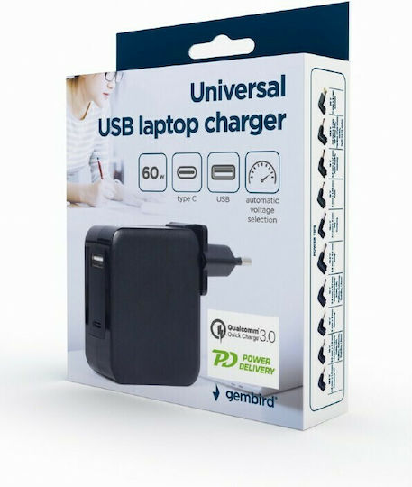 Gembird USB-C Universal Φορτιστής Laptop 60W 5V 2.5A με Αντάπτορα Τροφοδοσίας και με σετ βυσμάτων