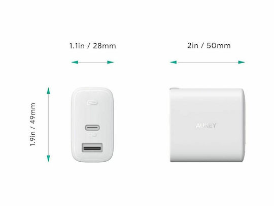 Aukey Φορτιστής Χωρίς Καλώδιο με Θύρα USB-A και Θύρα USB-C 32W Power Delivery Λευκός (PA-F3S)