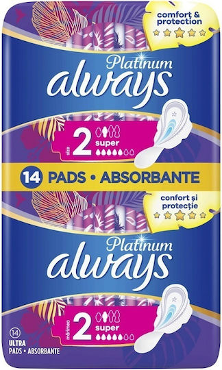 Always Platinum Ultra Super Absorbante cu aripi pentru Flux normal 5 picături Mărime 2 în Pachet dublu 2x7 buc
