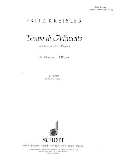 Schott Kreisler - Tempo Di Minuetto Παρτιτούρα για Βιολί / Πιάνο