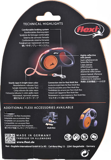 Flexi Foldable Dog Leash/Lead Strap New Neon In Orange Colour 5m Up To 15kg