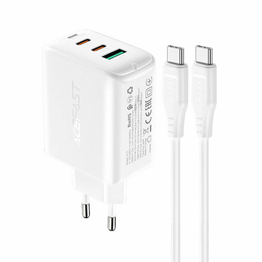 Acefast Încărcător cu Port USB-A și 2 Porturi USB-C și Cablu USB-C 65W Livrarea energiei / Quick Charge 3.0 Albς (A13)