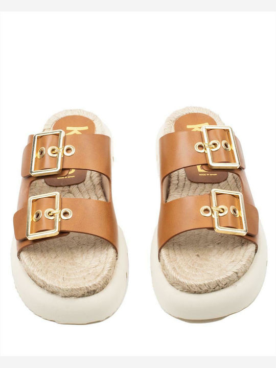 Leather Women's Flat Sandals in Tabac Brown Color