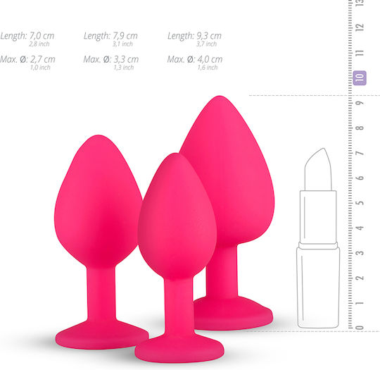 Easytoys Silicone Buttplug Set with Diamond Πρωκτικές Σφήνες Σετ Pink 7cm 3τμχ