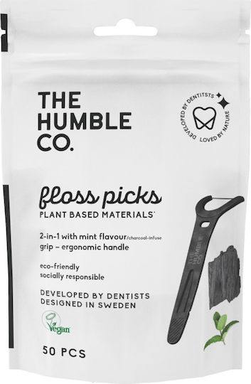 The Humble Co. Floss Picks Grip with Charcoal with Mint Flavour & Handle Black 50pcs