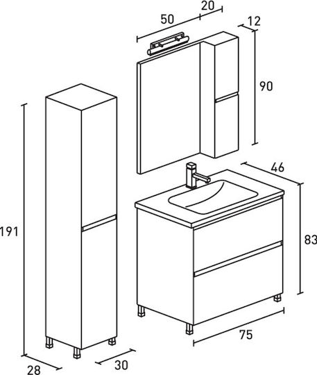 Pro Bagno Οίμη 910A Waschtisch mit Waschbecken & Spiegel mit Licht L75xB46xH83cm Weiß