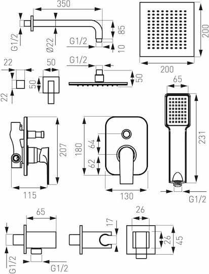 Ferro Algeo Built-in Mixer, Hand Shower & Shower Head Set for Shower 2 Exits Silver