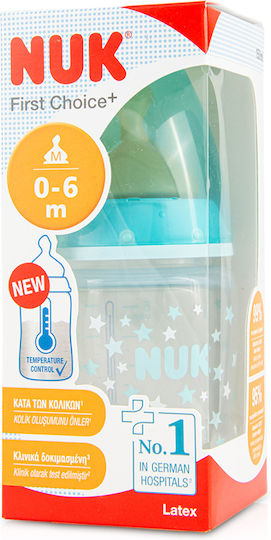 Nuk Plastic Baby Bottle First Choice Plus Temperature Control Anti-Colic with Rubber Nipple for 0-6 months Light Blue Stars - Sky Blue 150ml 10.743.887