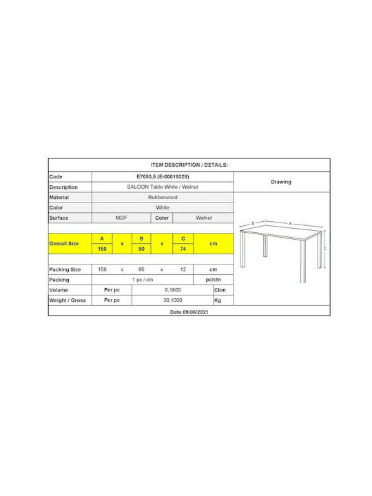 Saloon Τραπέζι Τραπεζαρίας Ξύλινο Λευκό 150x90x74εκ.
