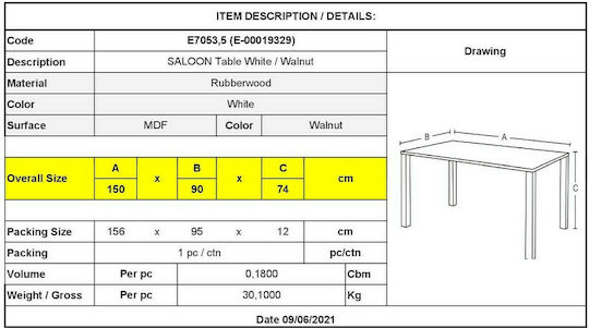 Saloon Esszimmer Weiß 150x90x74cm Saloon Esszimmer Weiß 150x90x74cm
