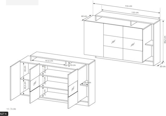 Μπουφές Ξύλινος Καρυδί / Λευκό 155x44x93.5cm