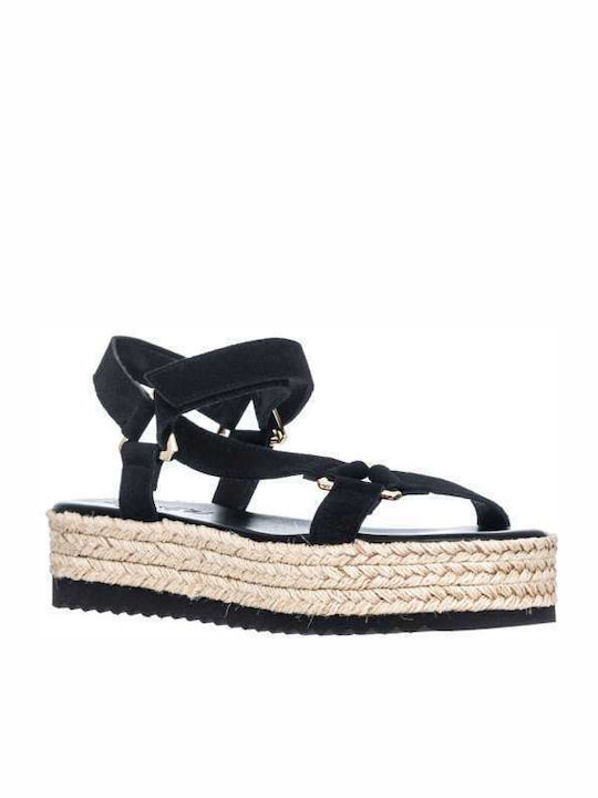 Leather Women's Flat Sandals with Strap Flatforms in Black Color