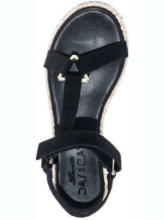 Leather Women's Flat Sandals with Strap Flatforms in Black Color