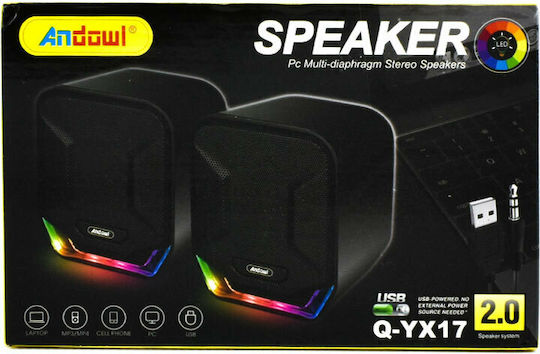 Andowl Q-YX17 Ηχεία Υπολογιστή 2.0 με RGB Φωτισμό και Ισχύ 3W Μαύρα