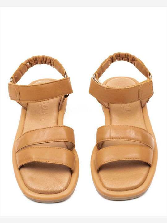 Leather Women's Flat Sandals with Strap in Tabac Brown Color