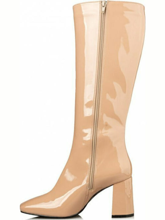 Damenstiefel aus Lackleder mit hohem Absatz Beige