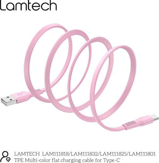 Lamtech Равен USB 2.0 Кабел USB-C мъжки - USB-A мъжки 18W Розов 1м (LAM111825)