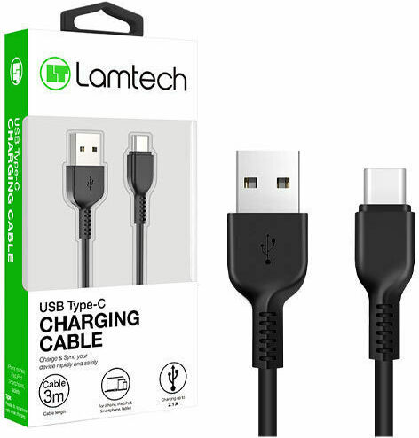Lamtech USB 2.0 Cable USB-C male - USB-A 18W Μαύρο 3m LAM111696