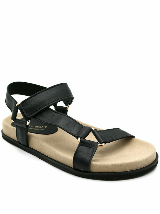 Komis & Komis Leather Women's Flat Sandals with Strap in Black Color