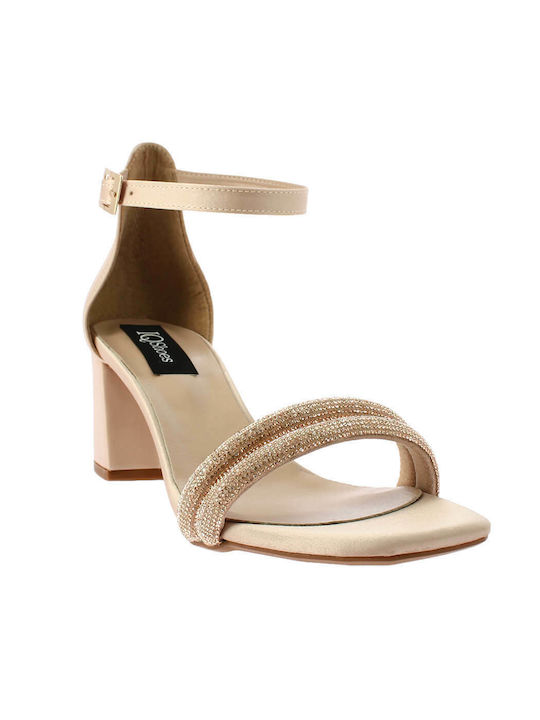 IQ Shoes Fabric Women's Sandals with Strass & Ankle Strap Nude with Chunky Medium Heel