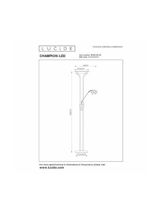 Lucide Lightning LED Подова Лампа В180xД25.4см. 1600лм Златист
