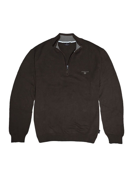 Double Men's Long Sleeve Sweater with Zipper Brown