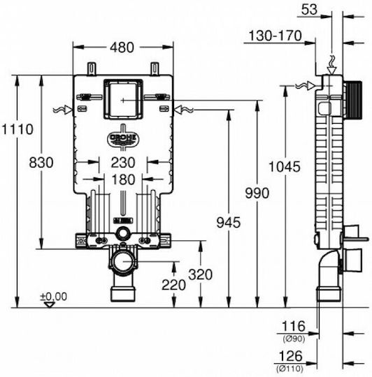 Grohe Uniset Εντοιχιζόμενο Πλαστικό Καζανάκι Ορθογώνιο Χαμηλής Πίεσης