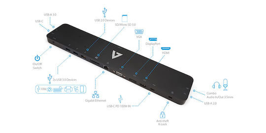 V7 USB-C Docking Station mit HDMI/DisplayPort PD Ethernet und Verbindung 3 Monitore Schwarz (DOCKUCPT01)