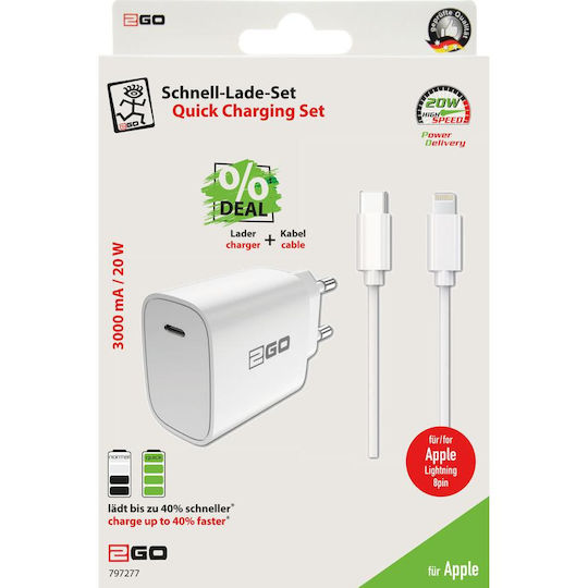 2GO Φορτιστής με Θύρα USB-C και Καλώδιο USB-C - Lightning 20W Λευκός (797277)