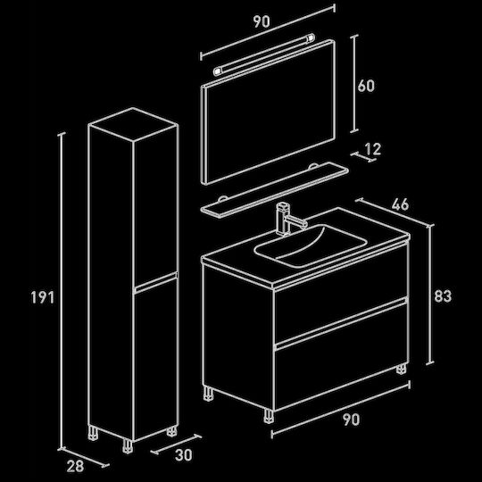 Pro Bagno Нищо 909B Шкаф със Мивка & Огледало със светлина Д90xШ46xВ83см Бял