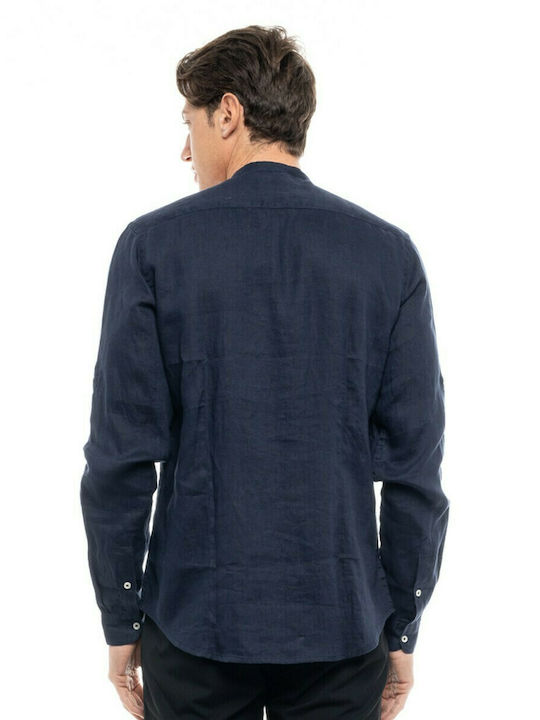 Biston Men's Shirt Long Sleeve Linen Navy Blue